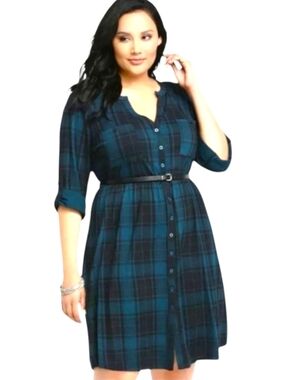 Torrid 2X Plaid Flannel Shirt Dress Blue Button Front w/ Faux Leather Belt NWOT